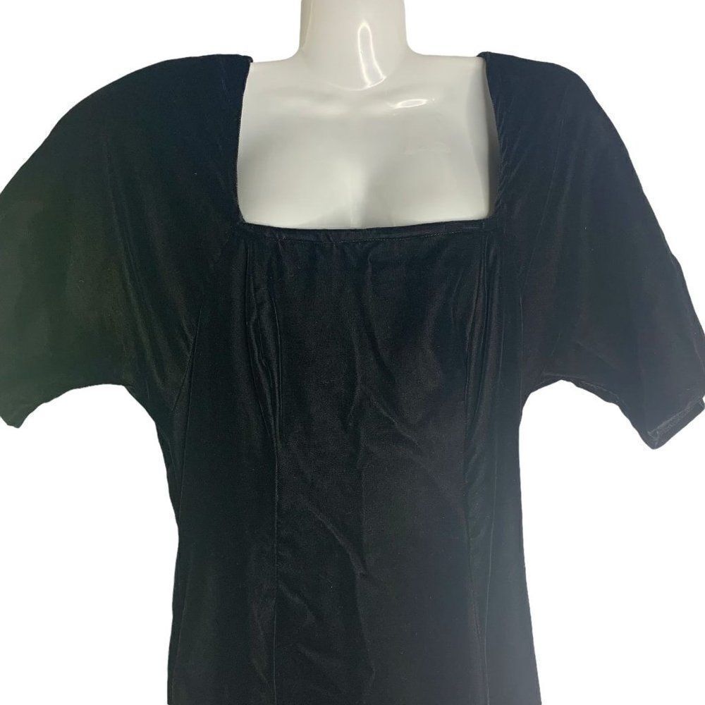 Vintage 80s Velvet Fit N Flare Dress S Black Goth Shoulder Pads Square Neck